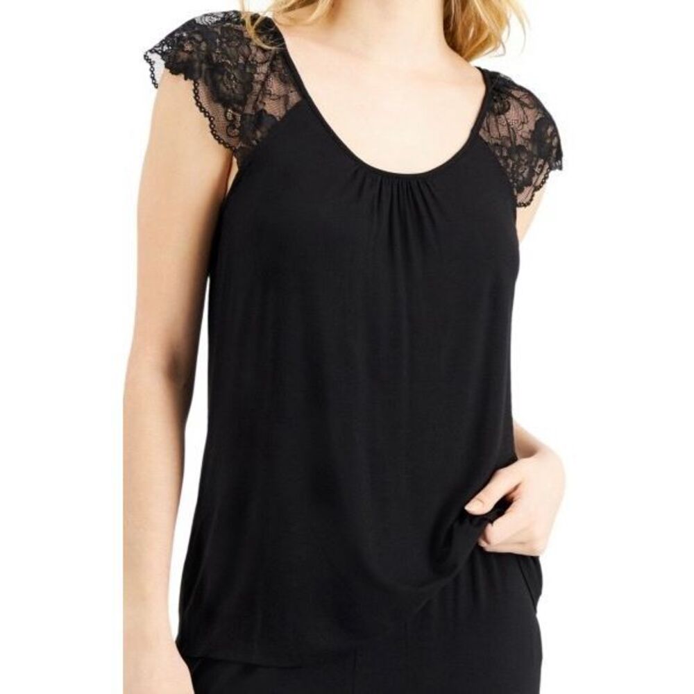Charter Club Cotton Lace-Trim Top, Created for Macy's - Classic Black Size XS